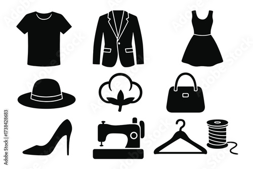 Fashion and garment black glyph icon set. Clothing, apparel and tailoring silhouette collection. T-shirt, jacket, dress, high heel shoe, hat, bag, sewing machine vector.