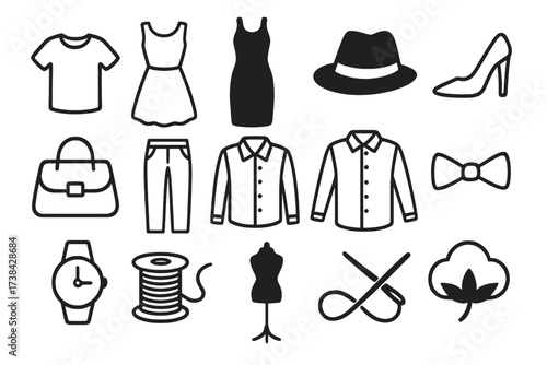 Fashion and garment icon collection. Vector clothes, apparel, accessory symbols. Line and glyph style set with t-shirt, dress, shirt, pants, hat, shoe, bag, watch, bow tie.