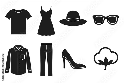 Fashion and garment vector icon collection. Clothing and accessories glyph set for web and mobile. Includes t-shirt, dress, hat, sunglasses, shirt, pants, and high heels.