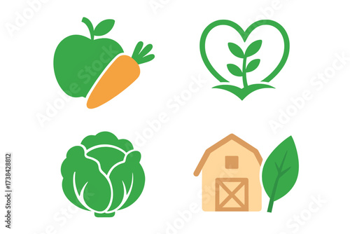 Healthy food icon set. Vector logo collection for organic vegetables, local farm agriculture, and vegan lifestyle. Fresh produce symbols: apple, carrot, cabbage, barn, heart.