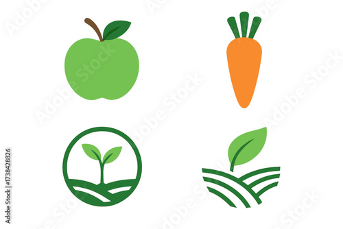 Vector collection of healthy and vegetable logo designs. Set of flat icons for organic food, vegan products, farm fresh market. Apple, carrot, plant sprout, agriculture field.