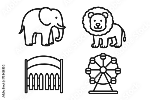 Zoo and circus entertainment icon set. Vector line art of wild animals, lion and elephant. Amusement park concept with ferris wheel and gate. Simple minimal graphic symbols.