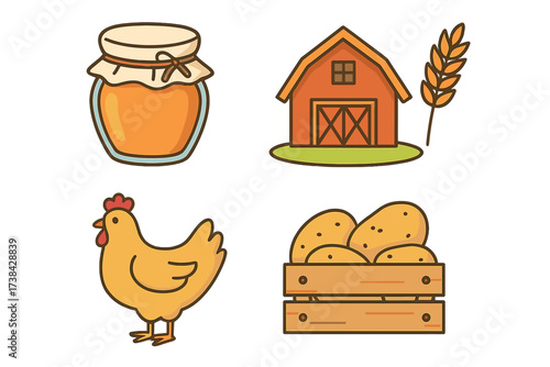 Farm and agriculture icon set. Vector collection of countryside symbols. Homemade honey, barn, wheat, chicken and potatoes in crate. Organic food and harvest concept illustration.