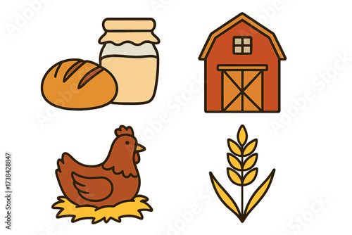 Farm icon set with barn, chicken, wheat, homemade bread, and honey jar. Vector symbols for agriculture, countryside living, natural food. Rural and organic food concept design.