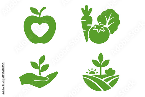 Healthy food vector icon collection. Organic, natural product logo set. Green symbols for vegan, vegetarian diet, farming, growth, eco friendly lifestyle and agriculture.