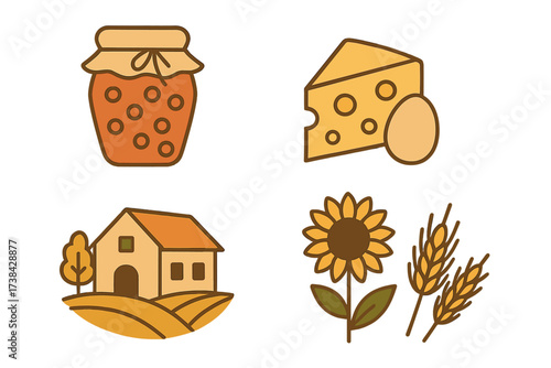 Farm life icon set with homemade jam, cheese, egg, and rural landscape. Vector symbols of countryside agriculture, organic food, sunflower, and wheat for a natural lifestyle.