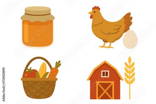 Farm life vector icon set. Fresh organic food from the countryside. Collection includes homemade jam, chicken with egg, vegetable basket, and red barn with wheat illustration.