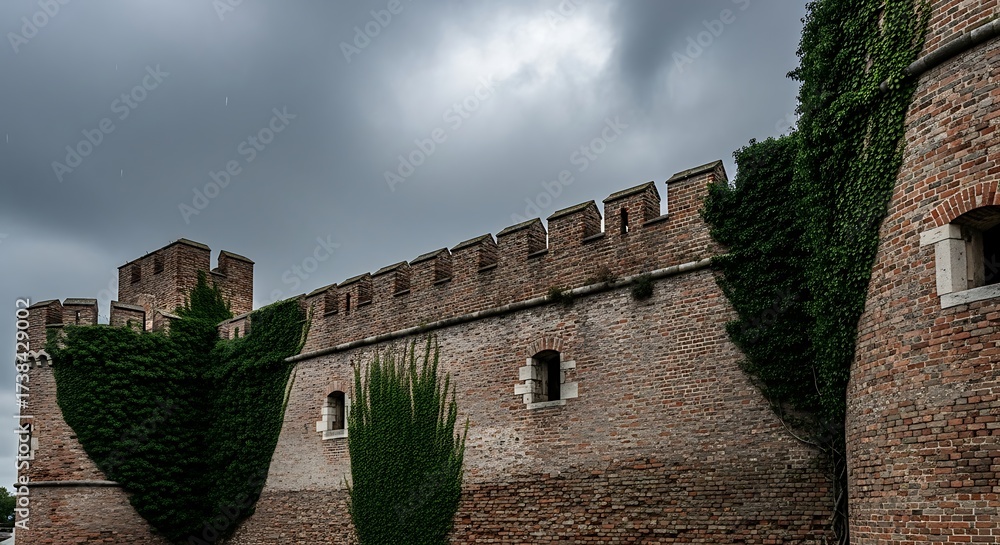 Fototapeta premium Ancient Castle Walls Under a Dramatic Sky.