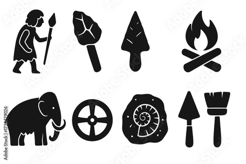 Prehistoric stone age and archeology black glyph icon set. Vector collection with caveman, mammoth, fossil, stone wheel, campfire, spearhead and archeological excavation tools.
