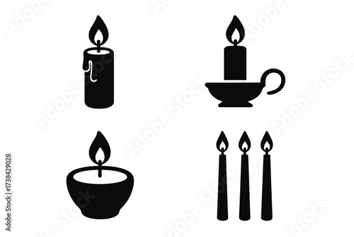Candle light icon set. Vector collection of black silhouettes. Burning candles, candlestick holder, tea light, and wax taper sticks. Symbol of memorial, romance, and religion.