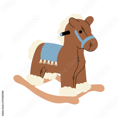Cute rocking horse toy in flat style. Brown wooden horse with soft fur details and blue saddle. Perfect for nursery decor, baby shower designs, childhood and vintage toy concepts.