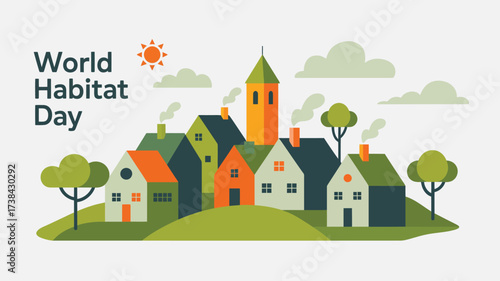 World Habitat Day illustration with colorful village homes, tower, trees, and sun—celebrating sustainable living and inclusive housing awareness 