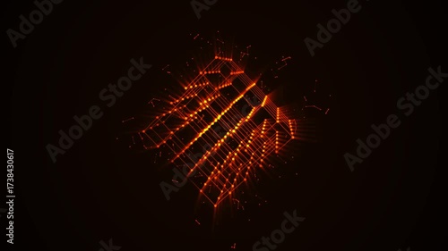 Neon 3D animation of squares, diamonds, and dots. Maze icon. Puzzle design. Randomly rotating cube with colorful glow, flame rays. Cosmic body. Technology, medicine, business, sound wave, 4K