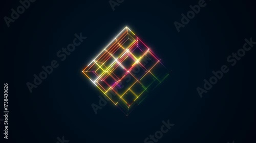 Neon 3D animation of squares, diamonds, and dots. Maze icon. Puzzle design. Randomly rotating cube with colorful glow, flame rays. Cosmic body. Technology, medicine, business, sound wave, 4K