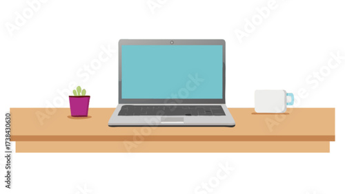 Laptop on desk illustration for office workspace design and freelance work concept vector graphic