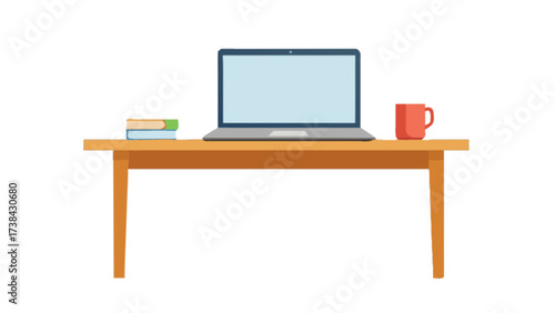 Workspace setup with laptop books and coffee mug on wooden desk for remote work and study vector