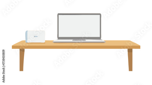 Illustration of laptop computer and hard drive on wooden desk for home office workstation setup