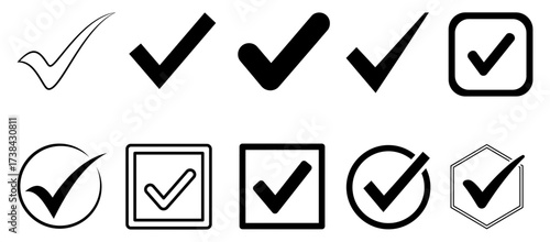 Tick Mark Icon Set – Check Mark Symbol in Circle, Square, Hexagon Shapes, Approval Confirm Right Sign, Minimalist Black Silhouette Vector, Checklist Button UI UX Design