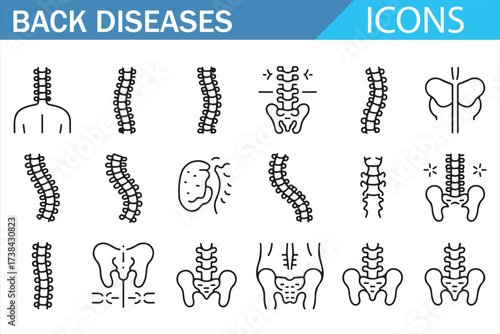 Set of Simple Line Art Icons for Back Diseases and Spine Health