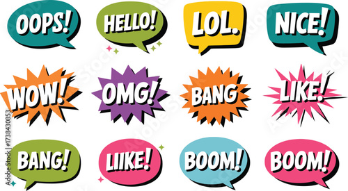 Vibrant comic style speech bubble collection with various exclamations for digital communication and expressive design projects