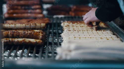 A stack of traditional sausages on a table at Christmas market fair in Germany. The hot dogs are piled up and are ready to be served