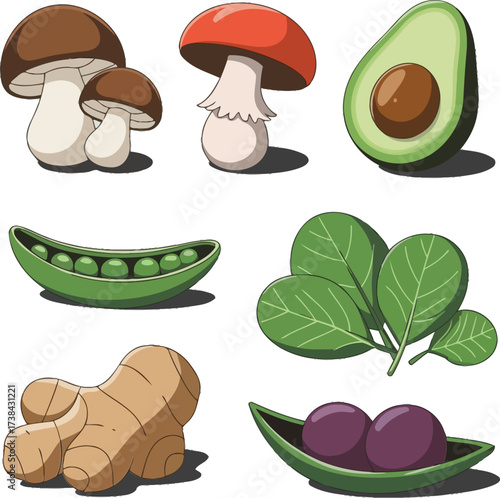 A delightful cartoon compilation of nutrient-rich produce including fungi, roots, and leafy greens for balanced diet promotion