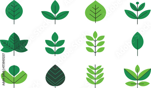 Collection of diverse flat design green leaf icons and nature vector elements for eco-friendly projects