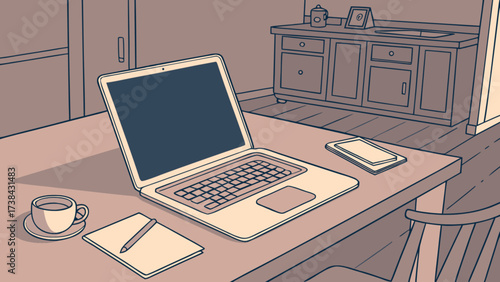 Illustration of home office setup with laptop, tablet, coffee cup and notebook on desk scene