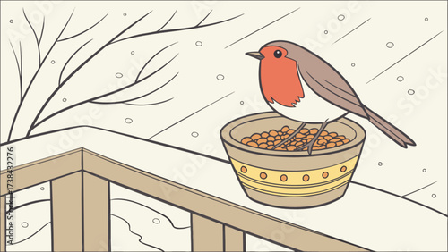 Robin bird perched on bird feeder in winter scene illustration vector graphic drawing design