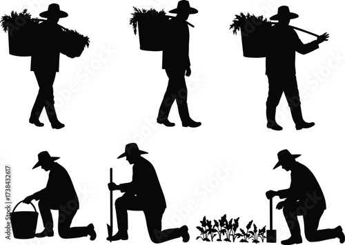 Farmer Gardener Working Silhouettes, Carrying Harvest, Planting Seedlings, Digging Soil, Agriculture, Horticulture, and Rural Labor Icon Set, Vector

.