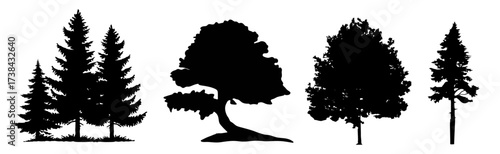 Collection of diverse tree silhouettes and a black square graphic element for design projects