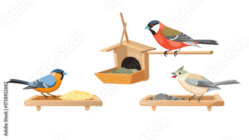 Illustration of birds at bird feeders and birdhouse for birdwatching and wildlife enthusiasts