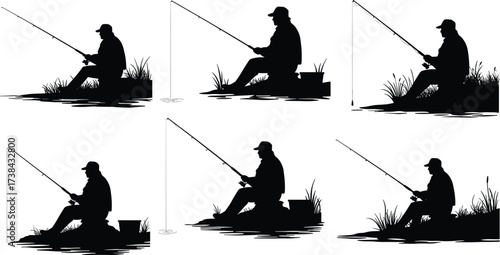 Fisherman Sitting and Fishing Silhouettes, Man with Rod and Reel, Angling, Outdoor Sport, Hobby, Recreation and Leisure Activity Icons Set, Vector

.