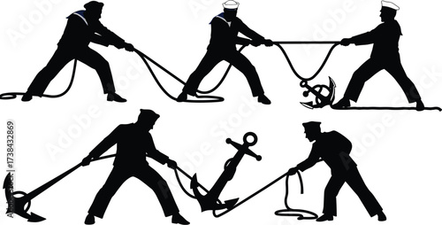 Sailors Pulling Anchor and Rope Silhouettes, Seamen Working, Nautical Teamwork, Maritime Labor, Ship Crew, Navy and Seafaring Icon Set, Vector

.