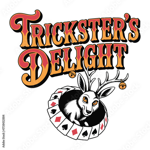 Whimsical Trickster's Delight Logo Featuring a Hare with Antlers Emerging from Playing Cards, Creating a Magical and Playful Design