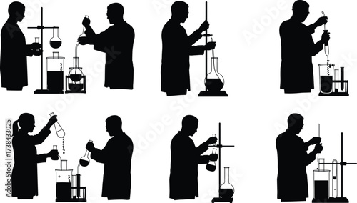 Scientist Working in Laboratory Silhouettes, Conducting Experiments, Chemical Research, Lab Equipment, Technology, and Scientific Icon Set, Vector

.