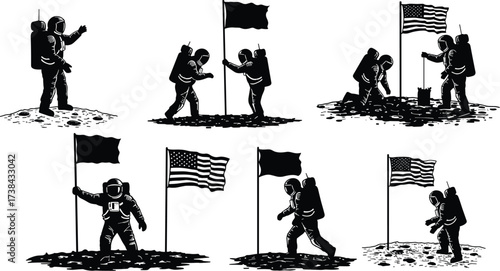 Astronauts Planting Flags on Moon Surface Silhouettes, Space Exploration, First Steps, American Flag, Apollo Mission and Science Icon Set, Vector

.