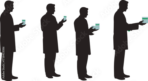 Pharmacist and Laboratory Technician Silhouettes, Dispensing Medicine, Checking Prescription, Working on Computer and Science Icon Set, Vector

.