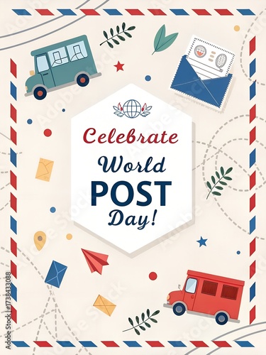 Wallpaper Mural Celebrating world post day with mail trucks and envelopes in a festive design Torontodigital.ca