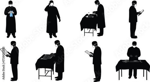 Surgeon Silhouettes in Operating Room, Preparing for Surgery, Wearing Mask and Gloves, Medical Procedure and Healthcare Professional Icon Set, Vector

.