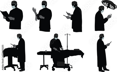 Surgeon Silhouettes in Operating Room, Preparing for Surgery, Wearing Mask and Gloves, Medical Procedure and Healthcare Professional Icon Set, Vector

.