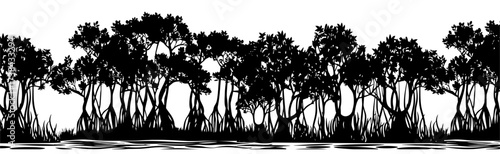 Black and white tropical mangrove forest silhouette vector art with reflections on water