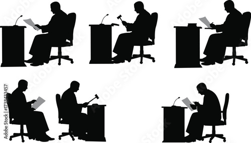 Silhouettes of a Judge Presiding in Courtroom, Reviewing Documents, Holding Gavel, Justice and Law Process Icon Set, Black and White Vector

.