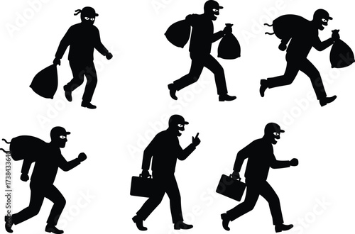 Thief and burglar silhouette set, running with stolen goods, criminal character, robbery, escape, carrying loot bag, masked man, crime, illegal activity, stealing.