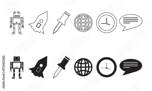 A collection of minimalist robot, rocket, push pin, globe, clock, and chat bubble icons in both outlined and filled styles, perfect for tech, communication, and web design themes.