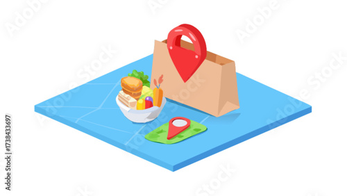 Order food delivery online concept with location pin and food bag for fast food delivery service