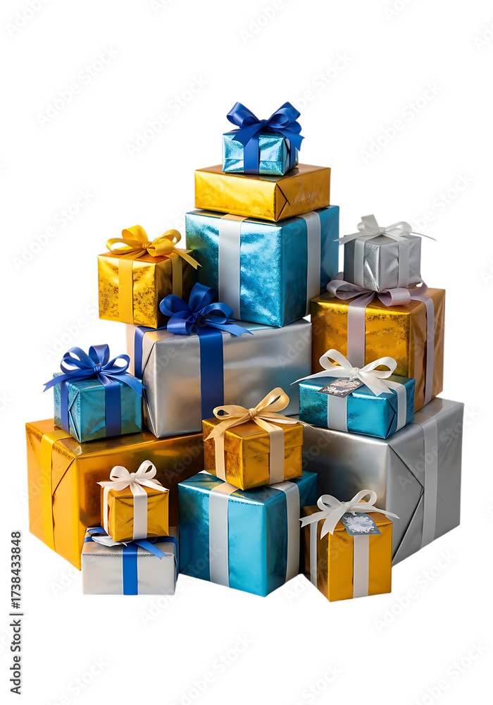 Obraz premium A stack of colorful gift boxes wrapped in shiny paper and tied with ribbons, isolated on transparent background the presents are arranged in a pyramid shape, creating a festive and celebratory display