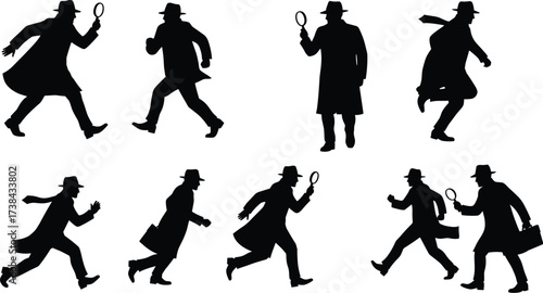 Classic detective silhouette collection, film noir style, private investigator, spy, secret agent, mystery, criminal investigation, vintage espionage, searching, magnifying glass, running, walking.