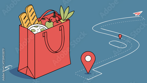 Grocery delivery service concept showing bag of food with navigation route and location pin marker