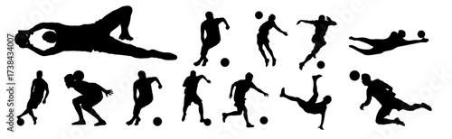 Dynamic collection of soccer player silhouettes in action capturing various athletic football moves